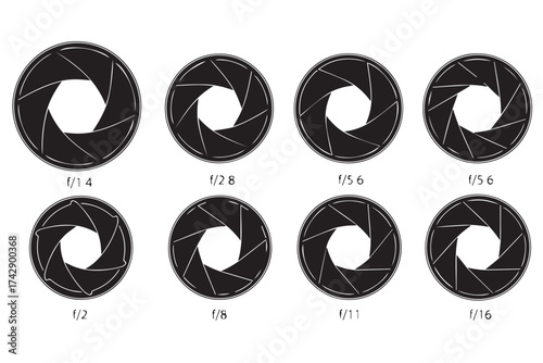 Set of camera aperture diagrams showing different fstop settings isolated on transparent background