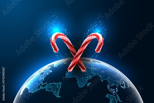 Red polygonal candy canes crossed over glowing Earth globe, modern digital Christmas concept