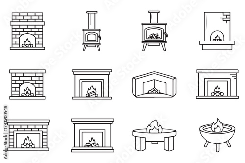 Various styles of fireplaces and woodburning stoves, including brick, modern, and outdoor fire pit designs isolated on transparent background