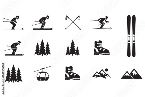 Collection of skirelated icons including skiers, trees, ski boots, ski poles, a ski lift, and mountains, isolated on transparent background