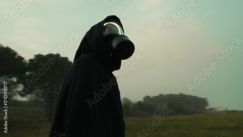 After the Nuclear Disaster One Man Looks Around With Gas Mask Destroyed Nature