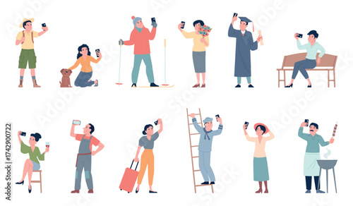 People doing selfie on smartphones. Men women shooting photo with flowers, dog, food and drink. Flat bloggers doing content in different situations, recent vector scenes