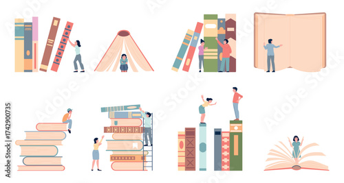 Book readers scenes. People studying giant books, reading and looking. Education, school or college, hobby or bookstore, literature recent vector scenes