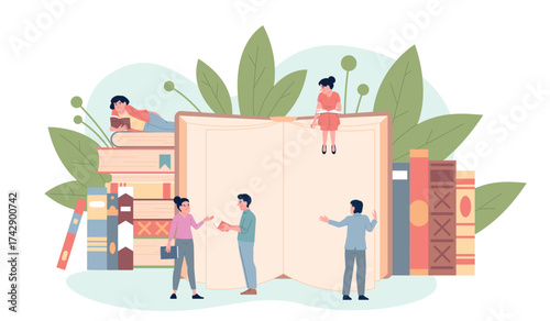Reading book concept. People with books, study and read. Library or bookstore, literature teachers, hobby. Educational recent vector flat scene