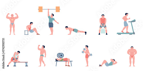 Bodybuilder characters. Bodybuilders posing and training in gym. Male fitness models, flat athletic muscular characters. Gymnastic recent vector set