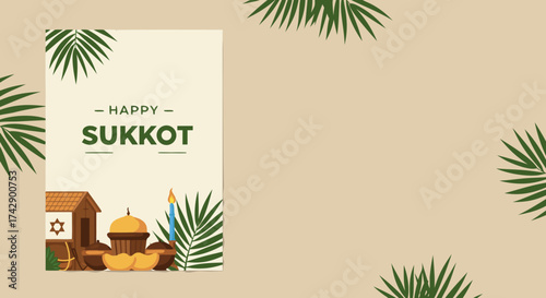 Sukkot holiday greeting card with palm leaves and traditional symbols, vector  
