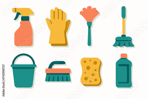 Flat Design Cleaning Icon Set with Bright Colors and Rounded Corners