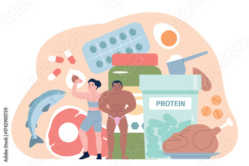 Sport nutrition. Bodybuilders with various protein food, supplements, vitamins. Healthy diet for fitness models and athletes, fish, meat, nuts, recent vector scene