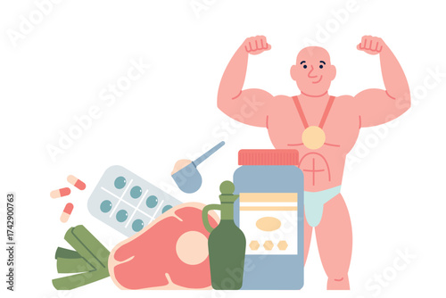 Bodybuilder and nutrition. Athlete male with food and supplements for gaining muscle mass. Muscular character, vitamins, protein food, recent vector scene