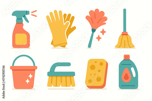Flat Design Cleaning Icon Set with Bright Colors and Rounded Corners