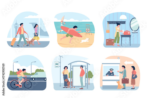 Travel with pets. People tourists hike, vacation with dogs and cats. Traveling around city by bus with dog, transportation pet in bags, recent vector scene