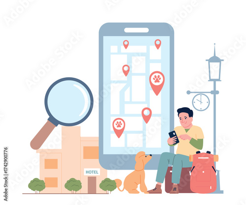 Travel with pet concept. Man searching dog allowed hotel in smartphone app. Vacation with owner, tourism with puppy, flat recent vector scene