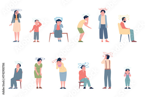 Dizziness. Sick adults kids have dizzying stars and birds. Stressed characters with vertigo or experiencing. Effect after head blow, recent vector set