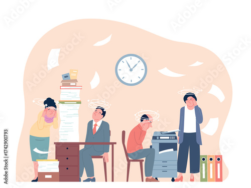 Office stress concept. Very tired managers working with paperwork. Social services, administration staff or accounting with dizziness, recent vector scene