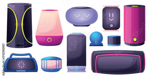 Cartoon voice assistant. Smart speaker for home or office, wireless gadget for kids and adults. Virtual helper, music playback equipment nowaday vector set