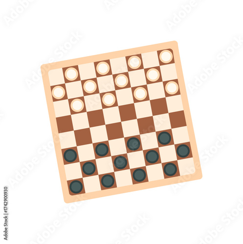 Flat checkers boardgame with black and white pieces. Checkerboard for strategy and tabletop play at home. Simple design for family fun, leisure, wooden game entertainment.