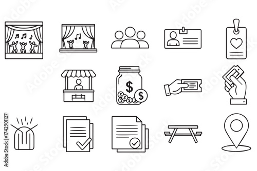 Collection of line art icons representing event management, ticketing, and audience engagement, isolated on transparent background