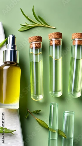 Natural skincare science: exploring herbal oil extraction with glass vials and droppers