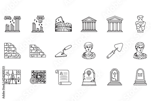 Collection of line art icons representing ancient ruins, architecture, artifacts, and historical figures, isolated on transparent background