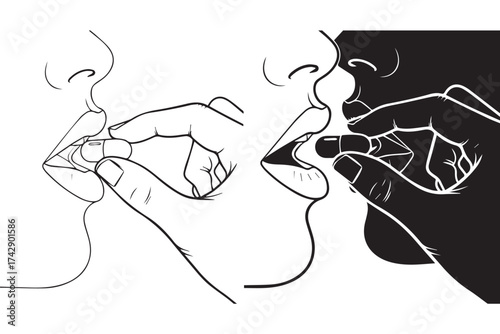 Closeup line art and silhouette illustrations of a person placing a pill into their mouth, isolated on transparent background