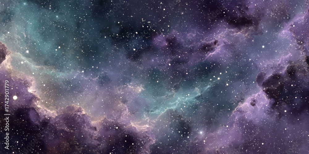 Fototapeta premium Beautiful purple and blue sky with many stars. The sky is filled with clouds and stars