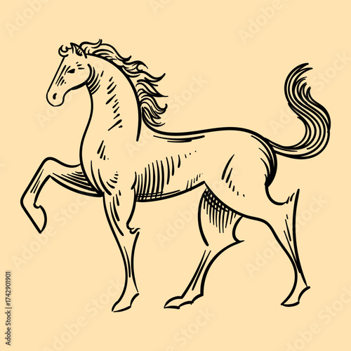 Horse engraving illustration, retro, vintage, linocut design year of the horse 2026