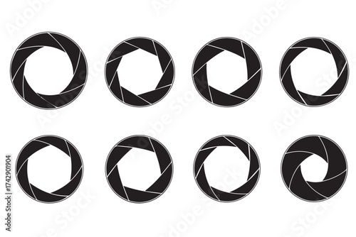 A set of eight black camera aperture icons in different stages of opening, isolated on transparent background