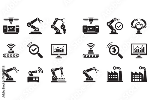 Collection of industrial automation icons including robotic arms, conveyor belts, and factory elements, isolated on transparent background