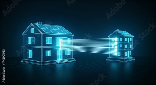P2P energy trading market concept. A hologram shows a house with solar panels selling excess energy directly to a neighbor's house via light beams.