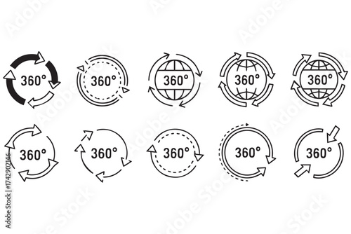 Set of 360degree rotation icons with arrows and globe elements, isolated on transparent background