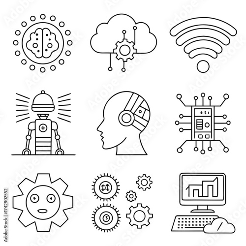 Outline icons representing artificial intelligence, automation, and related technologies in a grid