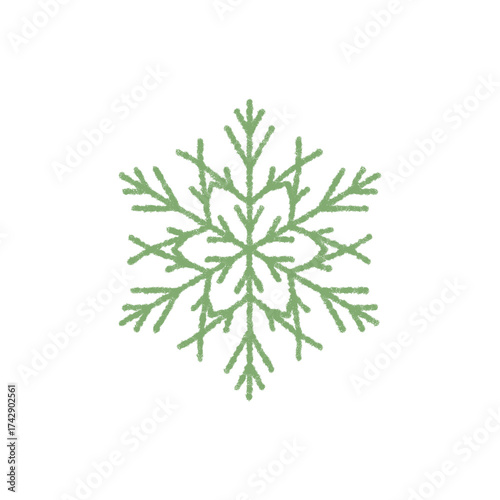 Green snowflake symbol in crayon style forms a cold ornament. Winter frost and ice blend with decoration and holiday icon for christmas, classic snow flake element illustration.