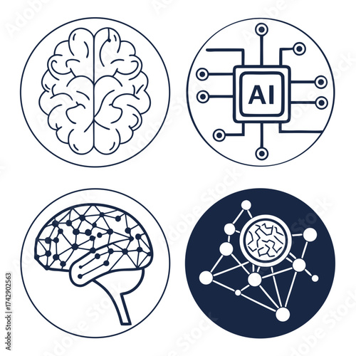 Illustration of ai concepts with brains, circuit board and neural networks in circular frames design