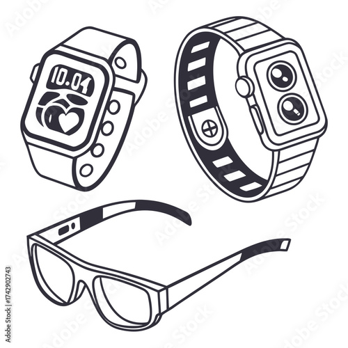 Illustration of two smart watches with different designs and a pair of augmented reality glasses
