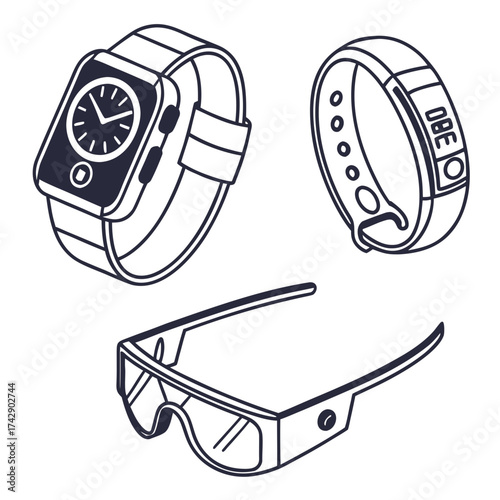 Illustration of a smartwatch, a fitness tracker, and augmented reality glasses in a line art style