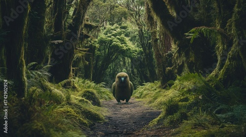 Dense rainforest path, bird in the center