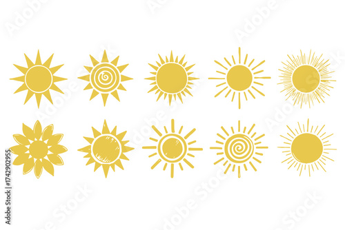 Set of ten yellow sun icons with various designs and ray patterns, isolated on transparent background