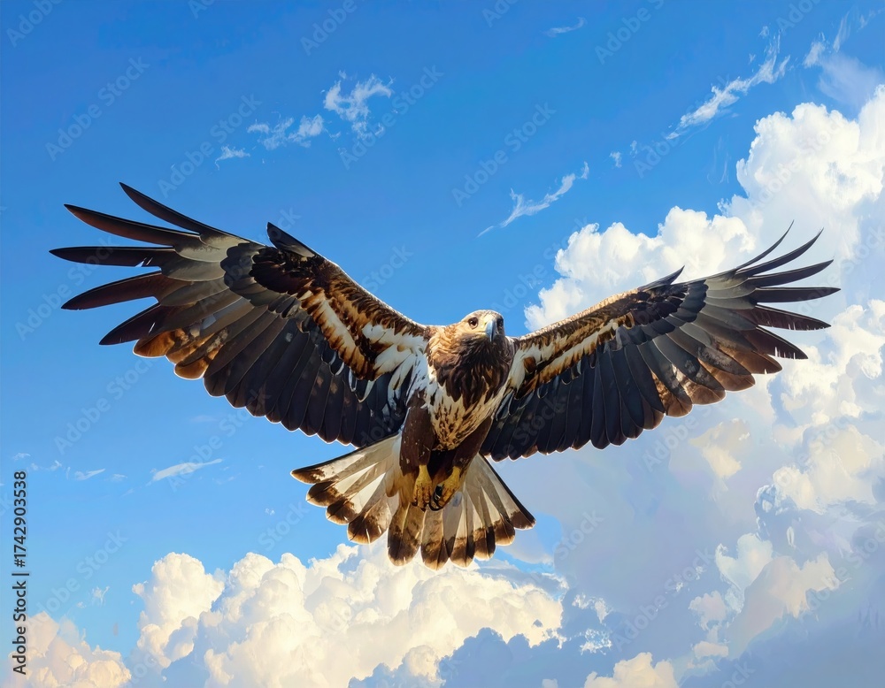 Obraz premium Majestic bald eagle in flight, wings wide against a blue sky, symbolizing freedom in nature and wildlife