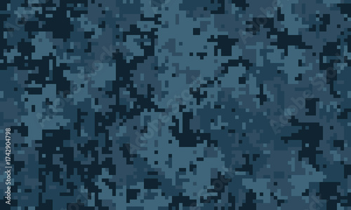 Abstract digital camouflage pattern in shades of blue. Ideal for backgrounds, textiles, or militarythemed designs.  Seamless texture with pixelated effect.