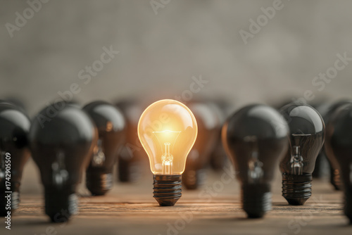 A glowing incandescent bulb shining brightly among multiple unlit bulbs symbolizing innovation, leadership, and standing out in a sea of sameness on wooden surface