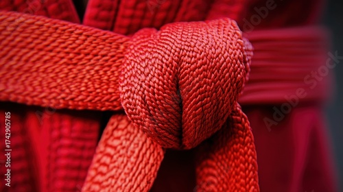 Close-up of a vibrant red martial arts belt