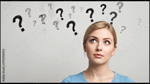 Young woman looking up surrounded by black question marks	