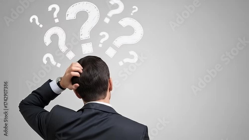 Businessman from back scratching head with chalk queries	