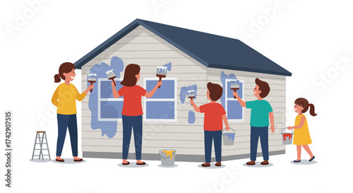 Family Painting House Exterior Together with Brushes and Paint.
