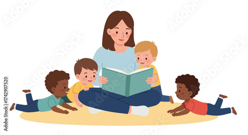 Teacher Reading to Children Illustration Diverse Group Story Time.