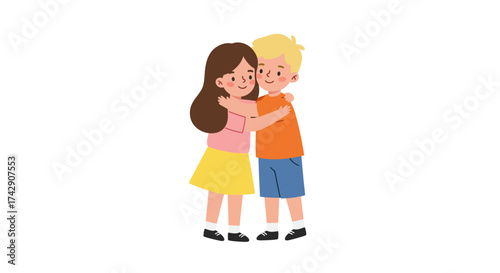 Cartoon Illustration of Two Children Embracing Affectionately.