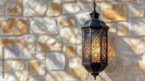 Outdoor hanging lantern on stone wall