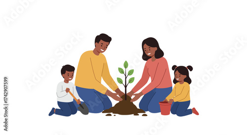 Family Planting a Tree Together Illustrative Style Earth Day Activity.