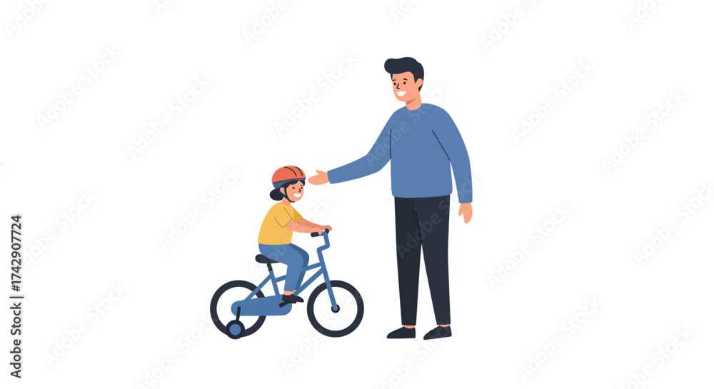 Fototapeta premium Father teaching daughter to ride a bicycle wearing helmet.