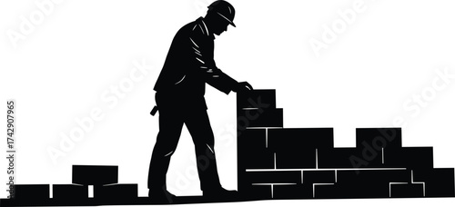 Brick stacking silhouette illustration, skilled construction labor and masonry craftsmanship concept artwork for industry, infrastructure, and education design